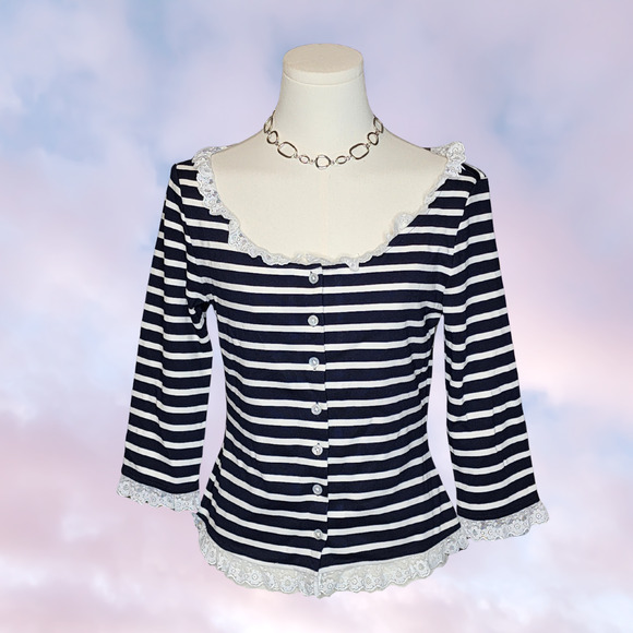 For Love & Lemons Suzette Dark Blue White Stripe Whimsi Button up Lace Top Sz S - Picture 1 of 4